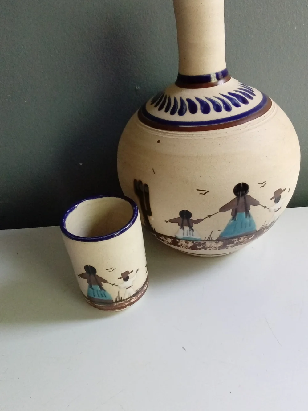 Vintage Tonala Mexican Pottery Carafe and Cup Set Hand Painted Folk Art Mexico